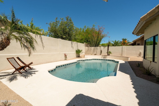 view of pool featuring a fenced backyard, a fenced in pool, and a patio area