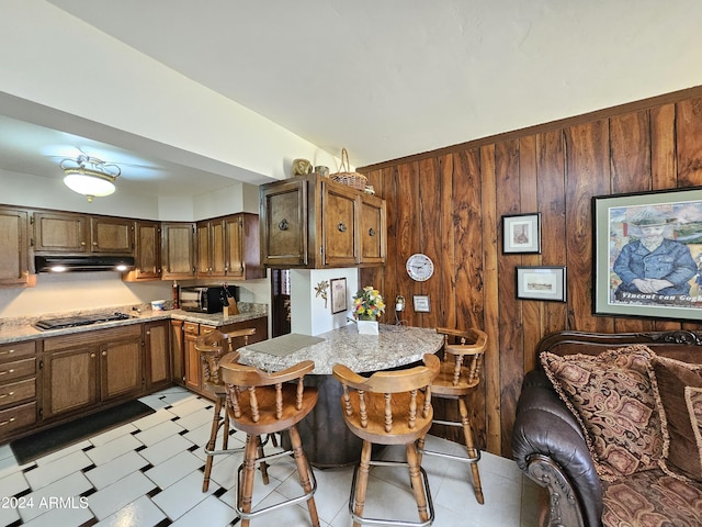 2201 E 7th St, Douglas, AZ 85607 - kitchen with under cabinet range hood, wooden walls, stainless steel gas cooktop, light stone counters, and a kitchen bar