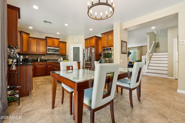 dining room with visible vents, stairs, light tile patterned floors, a notable chandelier, and recessed lighting