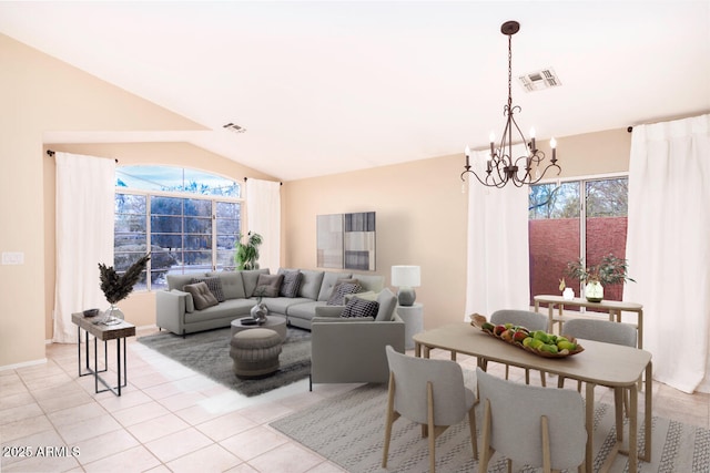 tiled living room with a chandelier and vaulted ceiling