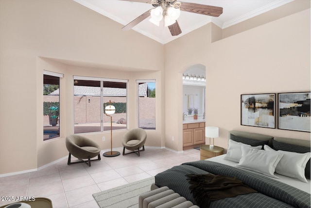 tiled bedroom with multiple windows, ceiling fan, and ornamental molding