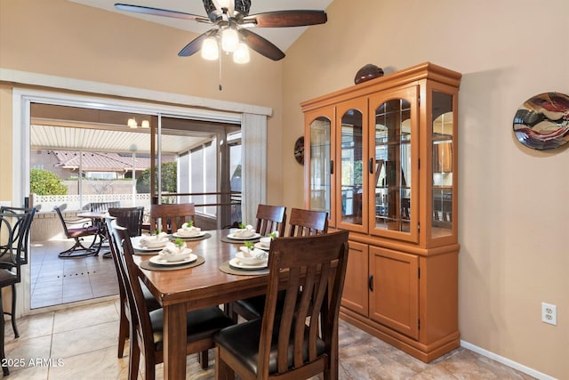 dining space with ceiling fan and lofted ceiling