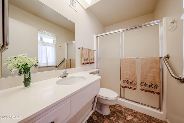10326 W Pleasant Valley Rd, Sun City, AZ 85351 - full bath featuring toilet, a shower stall, visible vents, and vanity