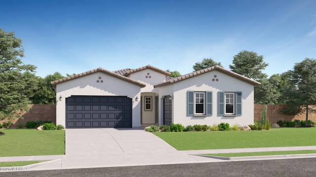 mediterranean / spanish-style house featuring a garage and a front lawn