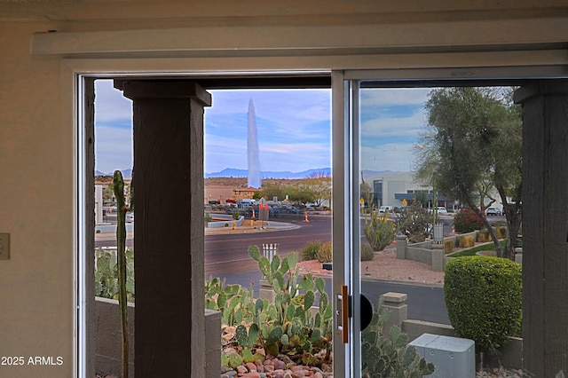 doorway featuring a mountain view