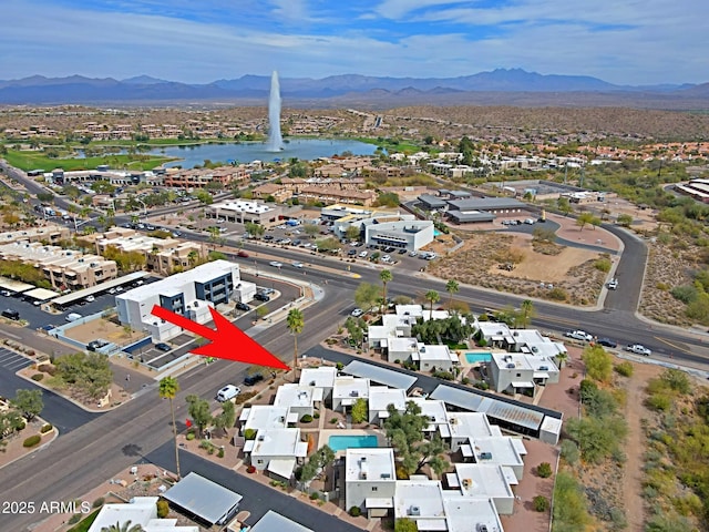 aerial view with a water and mountain view