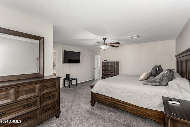 bedroom featuring light carpet and ceiling fan