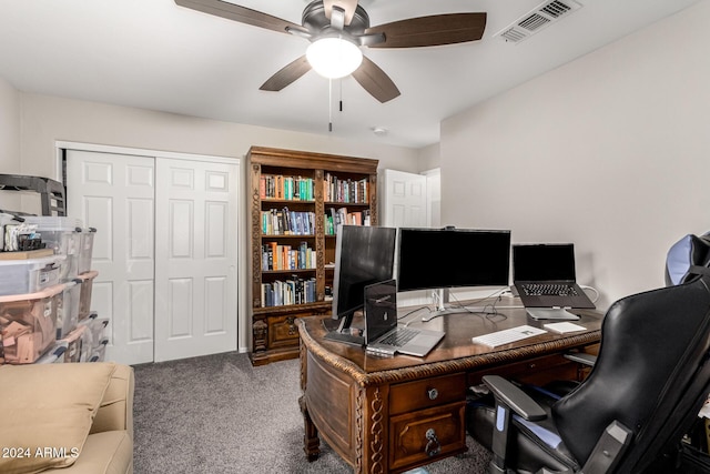 office featuring carpet flooring and ceiling fan