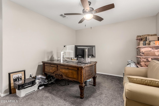 home office featuring carpet flooring and ceiling fan