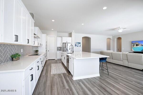 kitchen featuring a sink, open floor plan, stainless steel appliances, arched walkways, and exhaust hood