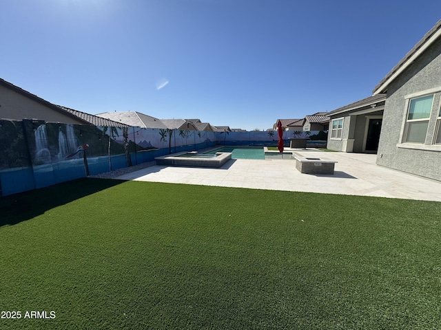 view of yard with a patio area, a fenced in pool, an in ground hot tub, and a fenced backyard