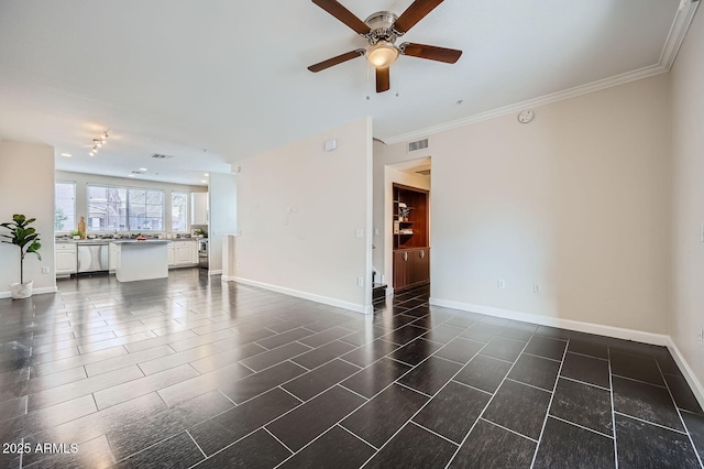 unfurnished living room featuring ornamental molding, baseboards, visible vents, and ceiling fan