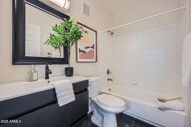 bathroom with visible vents, shower / washtub combination, toilet, and vanity