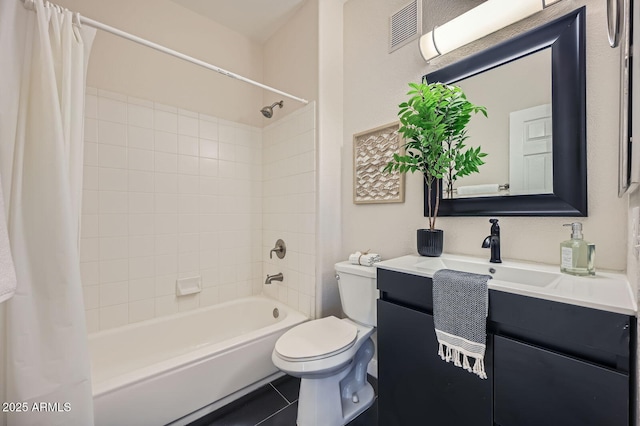 bathroom with tile patterned flooring, visible vents, toilet, shower / bath combo with shower curtain, and vanity