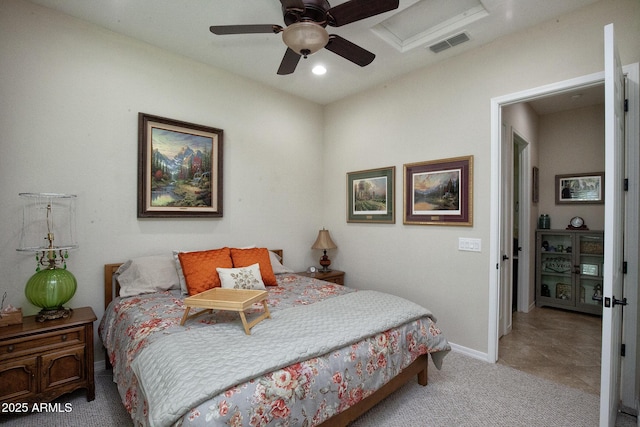 carpeted bedroom with ceiling fan