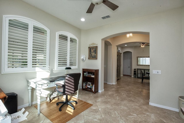 office area with ceiling fan