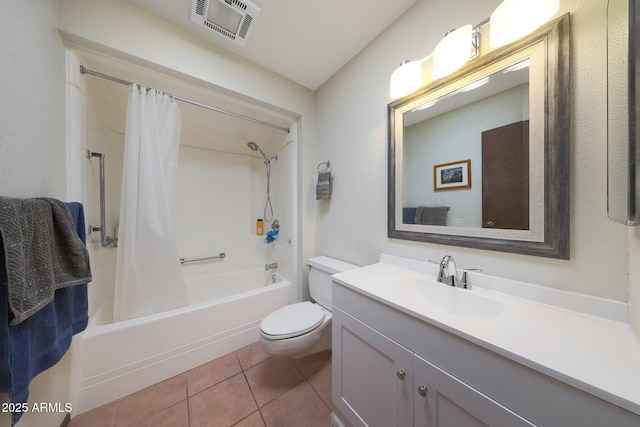 full bathroom with visible vents, shower / bathtub combination with curtain, toilet, vanity, and tile patterned floors