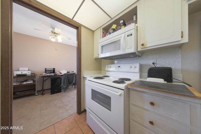 kitchen with light tile patterned flooring, white appliances, a ceiling fan, light countertops, and open shelves