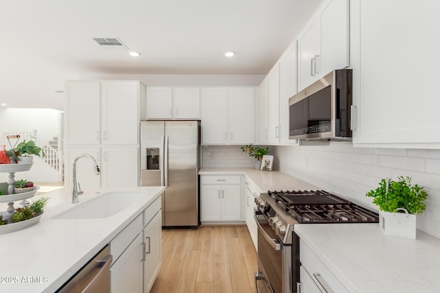 kitchen with a sink, visible vents, white cabinets, appliances with stainless steel finishes, and backsplash