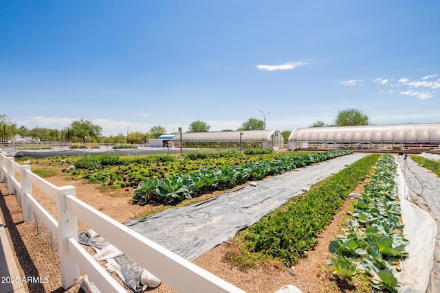 view of yard with a rural view, an outdoor structure, a vegetable garden, and fence