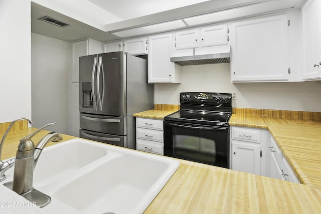 kitchen with white cabinetry, black / electric stove, stainless steel fridge with ice dispenser, and sink