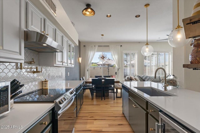 kitchen featuring under cabinet range hood, light countertops, light wood-style floors, stainless steel appliances, and a sink