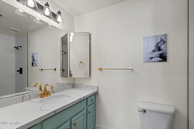 bathroom with a shower, visible vents, toilet, and vanity