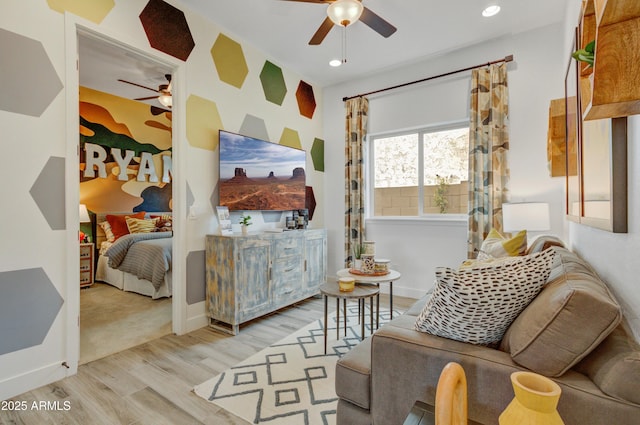 19420 W San Juan Ave, Litchfield Park, AZ 85340 - living room featuring ceiling fan, wood finished floors, baseboards, and recessed lighting