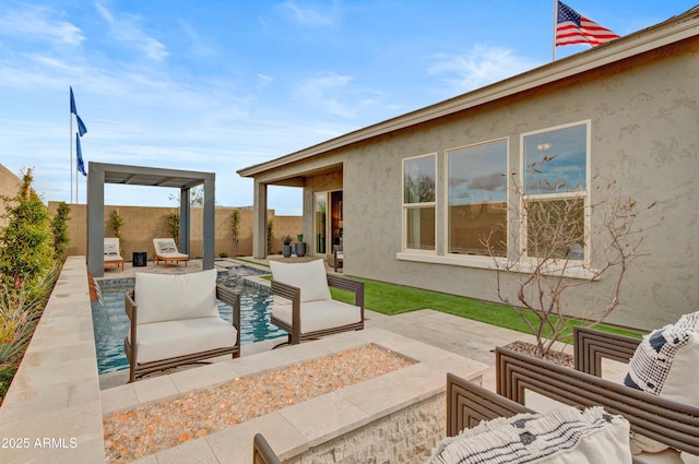 19420 W San Juan Ave, Litchfield Park, AZ 85340 - view of patio / terrace featuring an outdoor living space with a fire pit and a fenced backyard