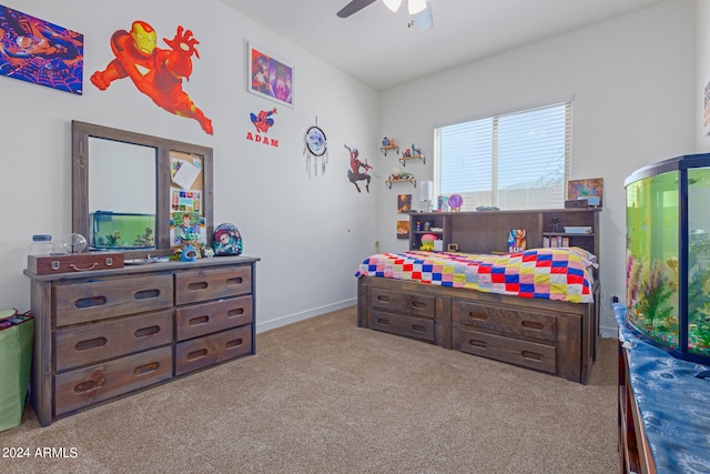 carpeted bedroom featuring ceiling fan