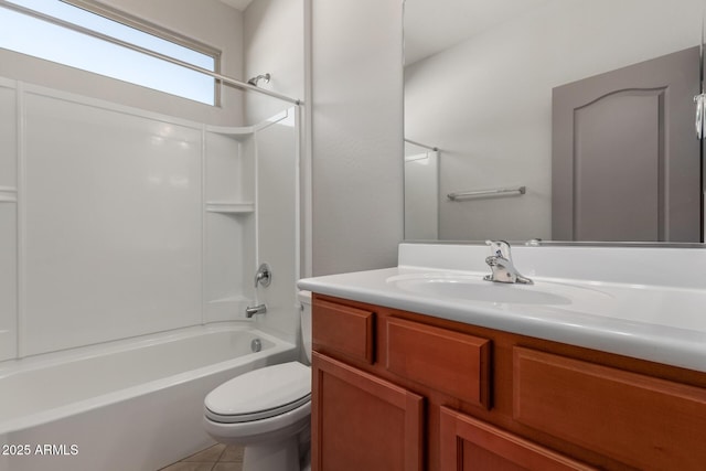 full bathroom with toilet, vanity, bathing tub / shower combination, and tile patterned flooring