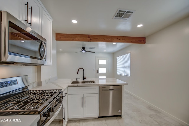 kitchen featuring sink, ceiling fan, white cabinetry, and stainless steel appliances