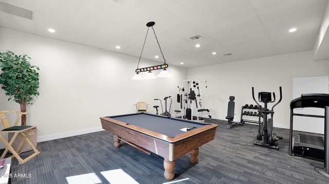 recreation room with dark carpet and billiards