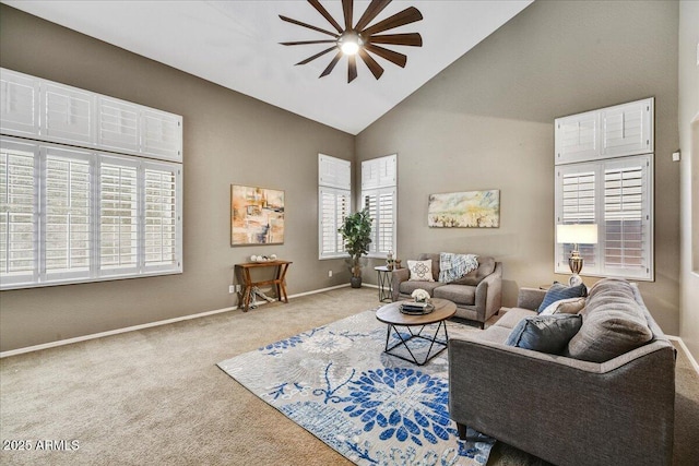 31133 N 132nd Ln, Peoria, AZ 85383 - living area featuring ceiling fan, carpet floors, and high vaulted ceiling