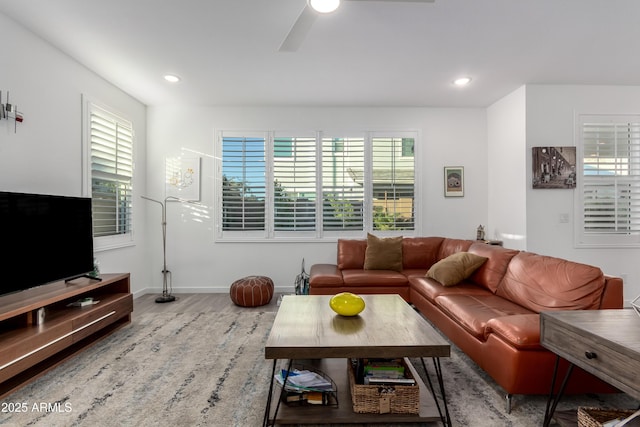 living room featuring ceiling fan and hardwood / wood-style floors