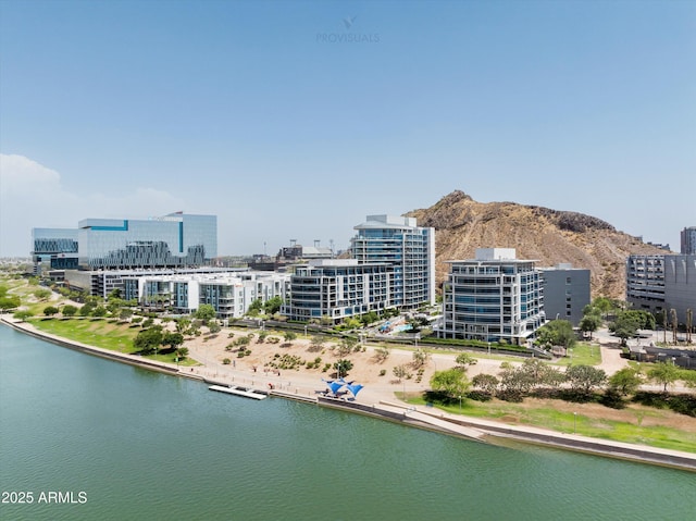 view of urban area with a water and mountain view