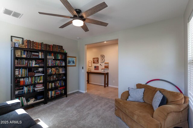 19937 W Heatherbrae Dr, Litchfield Park, AZ 85340 - sitting room with a ceiling fan, carpet floors, and baseboards