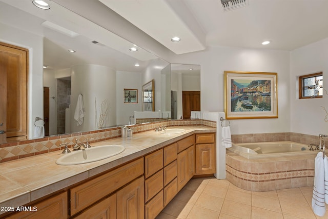 bathroom with vanity, backsplash, tile patterned floors, and shower with separate bathtub