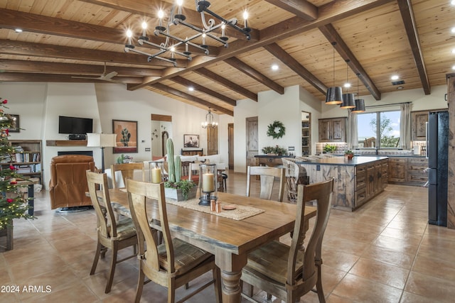 tiled dining area featuring a chandelier, beam ceiling, high vaulted ceiling, and wooden ceiling