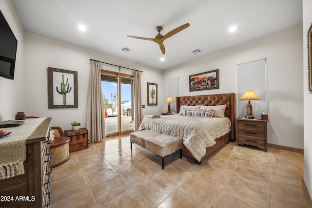 bedroom featuring ceiling fan, light tile patterned flooring, and access to outside