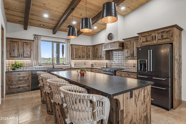 kitchen featuring beam ceiling, a center island, high vaulted ceiling, high quality appliances, and wood ceiling