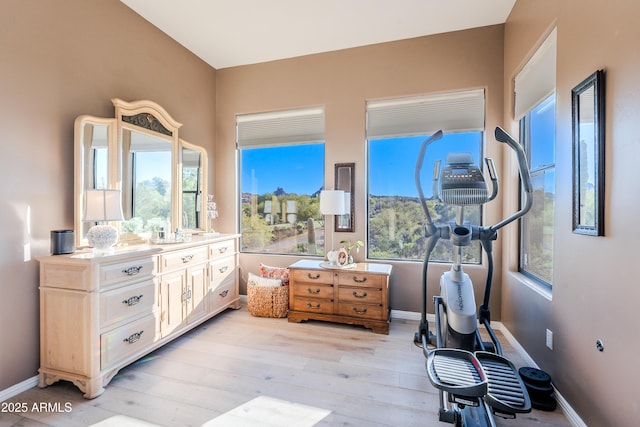10772 E Running Deer Trl, Scottsdale, AZ 85262 - workout room featuring light wood-style floors and baseboards