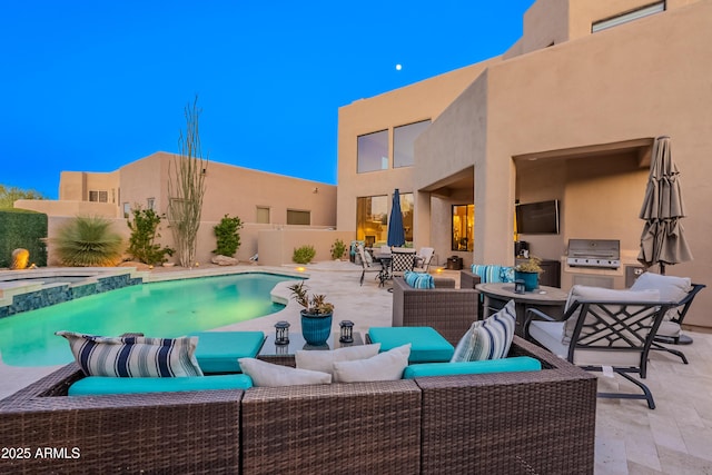 10772 E Running Deer Trl, Scottsdale, AZ 85262 - view of swimming pool with an outdoor living space, an outdoor kitchen, a patio area, area for grilling, and fence