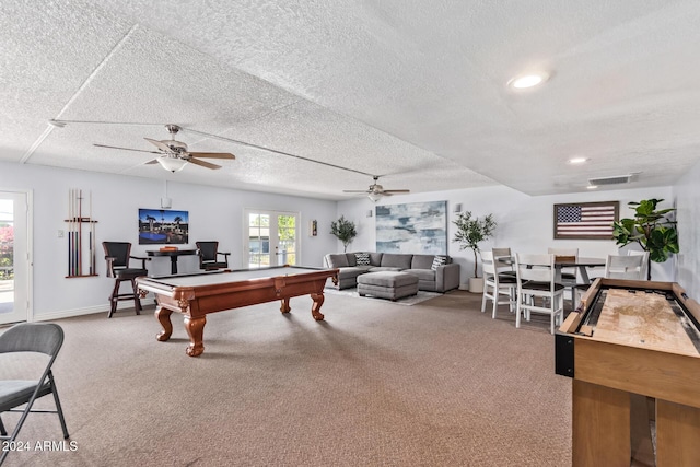 game room featuring ceiling fan, a textured ceiling, and pool table