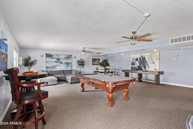 game room with carpet flooring, ceiling fan, a textured ceiling, and billiards