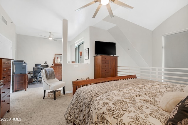 carpeted bedroom featuring vaulted ceiling and ceiling fan