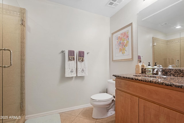 bathroom featuring baseboards, visible vents, a stall shower, tile patterned flooring, and toilet