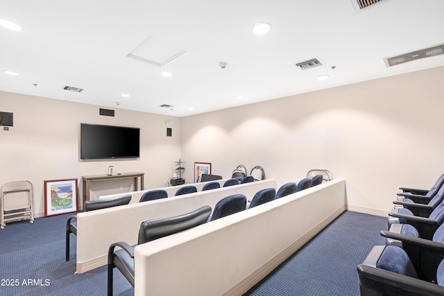 home theater room with recessed lighting, visible vents, and carpet