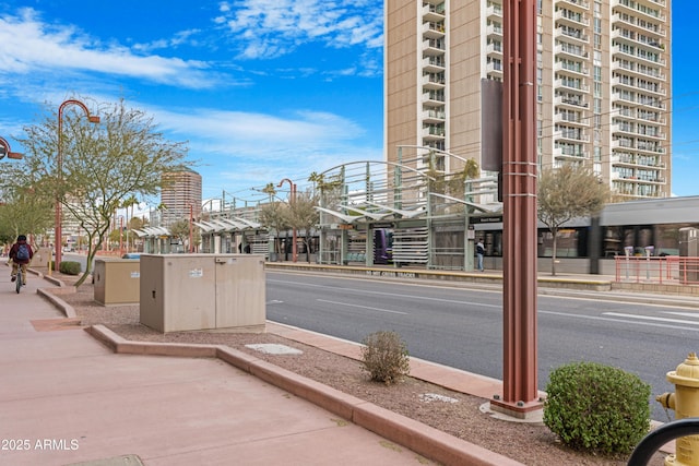 view of street featuring curbs, street lights, and sidewalks