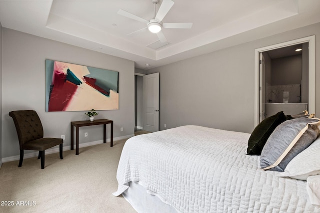 1385 Ridgewood Dr, Prescott, AZ 86305 - bedroom with a raised ceiling, light carpet, baseboards, and a ceiling fan